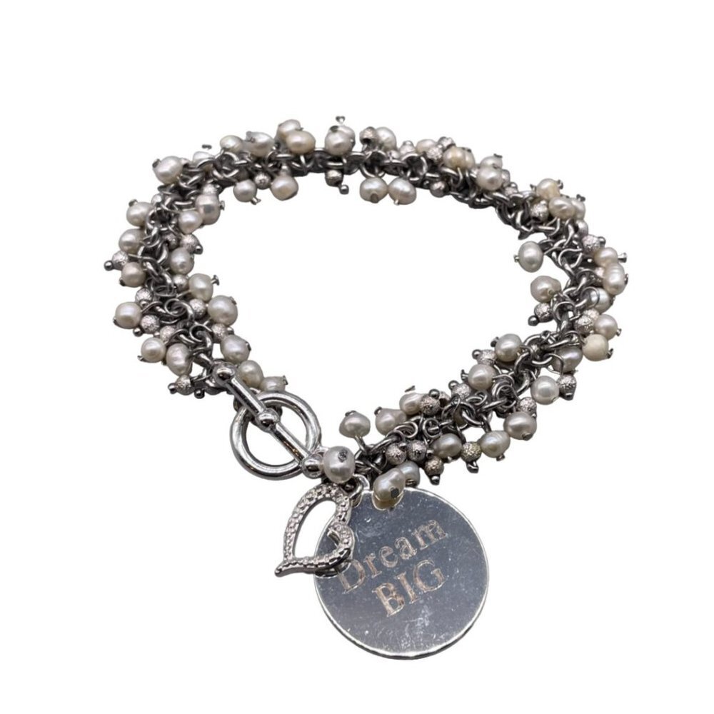 Dream Big Pearl Chain Bangle Bracelet Silver Tone